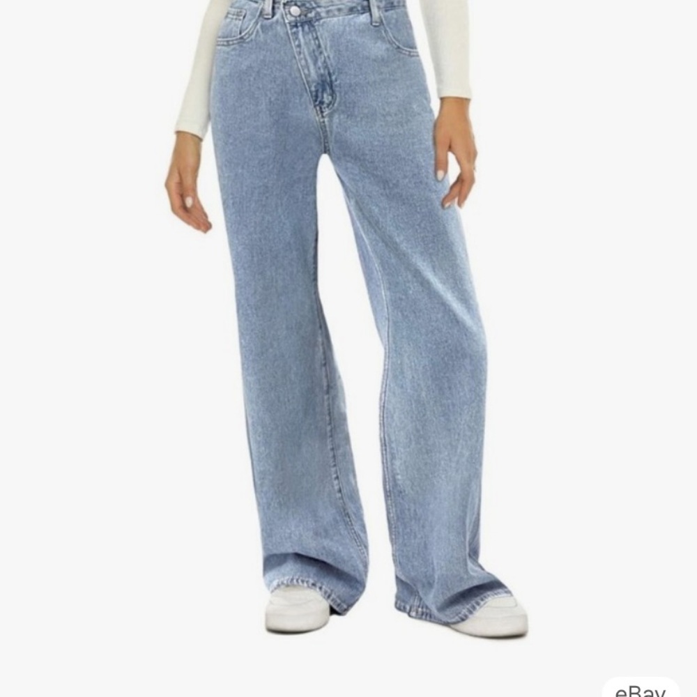HDLTE Women Wide Leg Jeans High Waist Baggy Asymmetrical Waist Jeans NWT - M